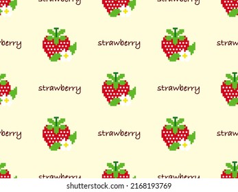 Strawberry cartoon character seamless pattern on yellow background. Pixel style