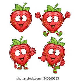 Strawberry cartoon character set with different emotions and poses isolated on white background