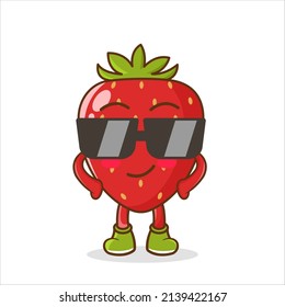 Strawberry Cartoon Character Wearing Sunglasses. Cute Strawberry fruit character wearing sunglasses and smiling. suitable for poster, banner, web, icon, mascot, background etc