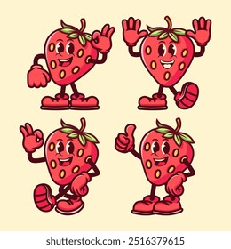 Strawberry Cartoon Characters Giving Thumbs Up and OK Signs - Cute Fruit Mascots