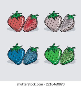 Strawberry Cartoon With Four Color Different and Simple Effect. Vector and Illustration.