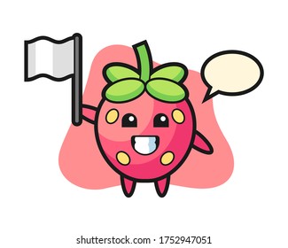 Strawberry cartoon holding a flag