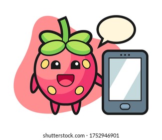 Strawberry cartoon holding a smartphone