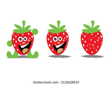 Strawberry cartoon icon lined with three characters on a white background