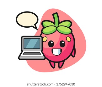 Strawberry cartoon with a laptop