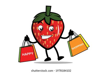 Strawberry Cartoon mascot or character carry grocery bags and enjoy shopping