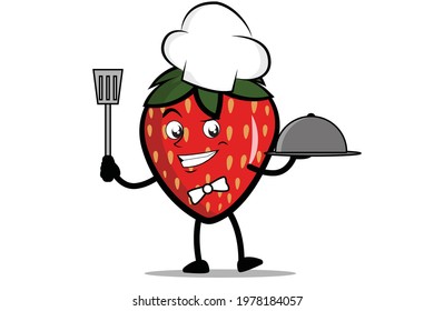 Strawberry Cartoon mascot or character as a chef holding the spatula and serving plate