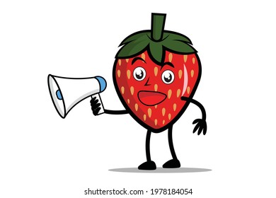 Strawberry Cartoon mascot or character holding a loudspeaker and about to make an announcement