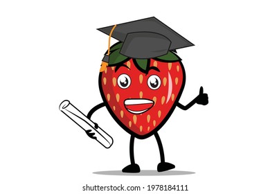 Strawberry Cartoon mascot or character holding a diploma and wearing a toga in graduation