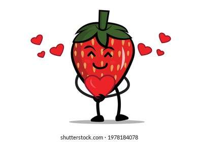 Strawberry Cartoon mascot or character hugging a heart full of love