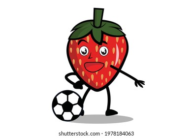 Strawberry Cartoon mascot or character plays soccer and becomes the mascot for his soccer team