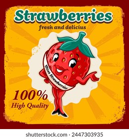 strawberry cartoon mascot illustration vintage banner advertising