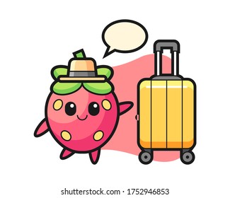 Strawberry cartoon on vacation mascot character