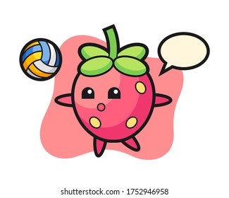 Strawberry cartoon playing volleyball mascot character