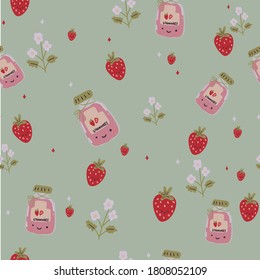 Strawberry Cartoon seamless pattern. Hand drawn colored trendy vector illustration. Kawaii  design. 