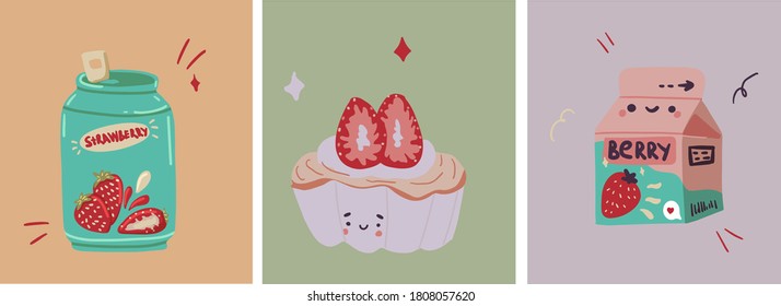Strawberry Cartoon set of berry, cake and drink. Hand drawn colored trendy vector illustration. Kawaii food design. 