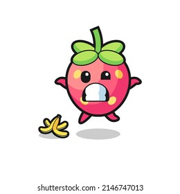 strawberry cartoon is slip on a banana peel , cute design