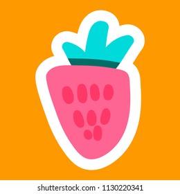 Strawberry cartoon sticker. Nice berry. Girl fashion patch. Sweet and tasty natural food icon. Vector