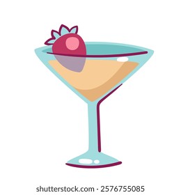 Strawberry cartoon summer cocktail in glass. Funny beach party alcohol drink or lemonade for love date. Valentines day, bar menu mascot, cartoon cute cocktail triangle cup vector illustration