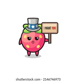 strawberry cartoon as uncle Sam holding the banner I want you , cute design