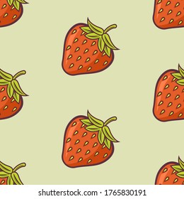 Strawberry cartoon vector colored seamless pattern on light green background for decoration package and other things