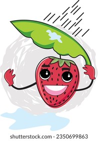 strawberry cartoon vector illustration,look happy,playing under the rain.Good for logo,animation