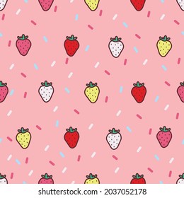 strawberry cartoons pattern design. sweet pink background. The seamless cute vibrant pattern in a girl or baby fashion, Fresh and juicy colorful strawberry fruit in summer. Vector design for fashion.