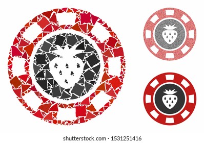 Strawberry casino chip composition of tremulant pieces in various sizes and color tones, based on strawberry casino chip icon. Vector humpy elements are united into composition.