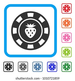 Strawberry Casino Chip icon. Flat grey iconic symbol inside a blue rounded rectangular frame. Black, gray, green, blue, red, pink color versions of strawberry casino chip vector.