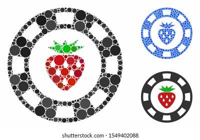 Strawberry casino chip mosaic of small circles in various sizes and color tinges, based on strawberry casino chip icon. Vector small circles are grouped into blue collage.