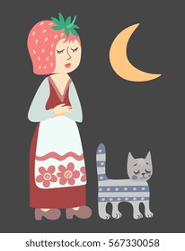 Strawberry and cat. Book illustration with cute cartoon characters. Vector image.