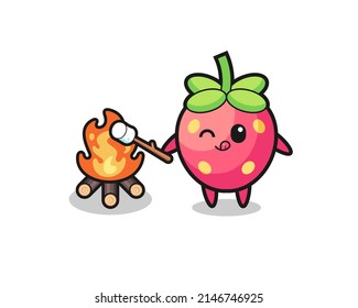 strawberry character is burning marshmallow , cute design