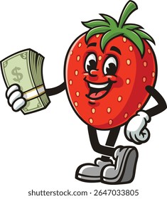 Strawberry character cartoon holding cash