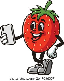 Strawberry character cartoon holding gadget