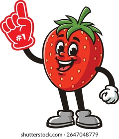 Desenho animado com personagem de morango segurando um dedo de espuma gigante