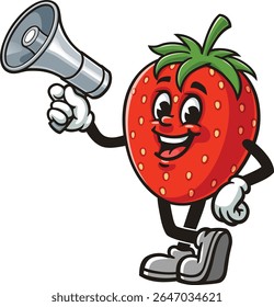 Strawberry character cartoon holding a megaphone