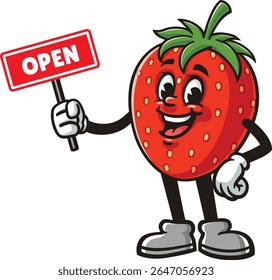 Strawberry karakter cartoon met een open teken