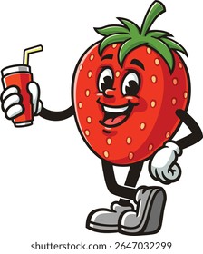 Desenho animado com personagem de morango segurando um refrigerante