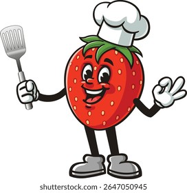 Desenho animado com personagem de morango segurando uma espátula e usando um chapéu de chef