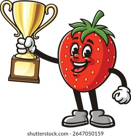 Strawberry character cartoon holding a trophy