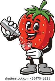 Strawberry character cartoon is making a cocktail