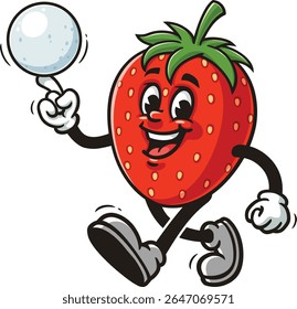Strawberry character cartoon is playing snowball or ice ball