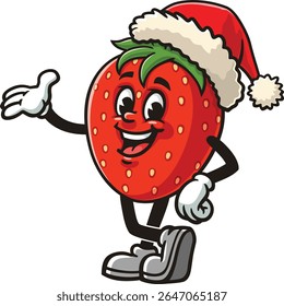 Strawberry character cartoon wearing a Christmas hat