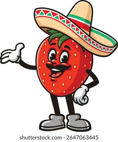 Strawberry character cartoon wearing a sombrero