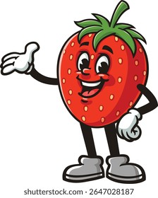 Strawberry character cartoon with welcoming or presenting pose