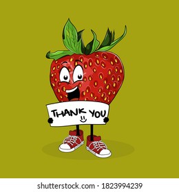 Strawberry Character design holding card with text thank you. Hand drawn text Thank you on illustration in kids doodle style. Picture with vector funny fruits and placard