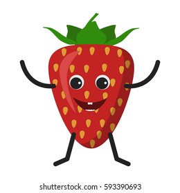 Strawberry character. Funny doodle cartoon berry. Isolated on white background. Flat vector stock illustration