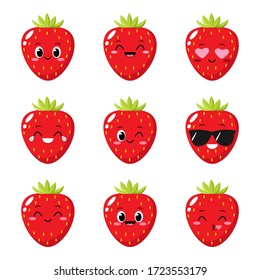 Strawberry character with funny face. Happy cute cartoon strawberry emoji set. Funny fruit emoticon. Healthy vegetarian food character vector illustration