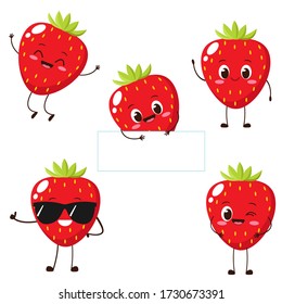 Strawberry Character With Funny Face. Happy Cute Cartoon Strawberry Emoji Set. Healthy Vegetarian Food Character Vector Illustration