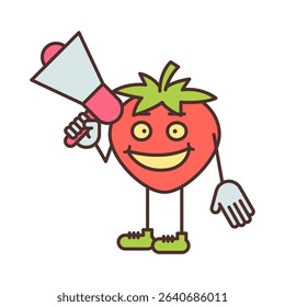 Strawberry character half turn holding megaphone and smiling. Vector Illustration
